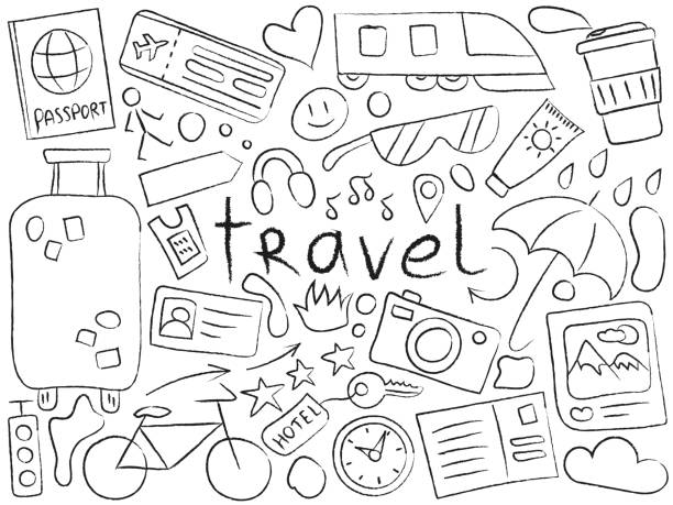eine reihe von objekten zum thema reiseurlaub mit der inschrift reisen. tourismus, transport, wetter, artikel. skizzieren - doodle map drawing sunglasses stock-grafiken, -clipart, -cartoons und -symbole