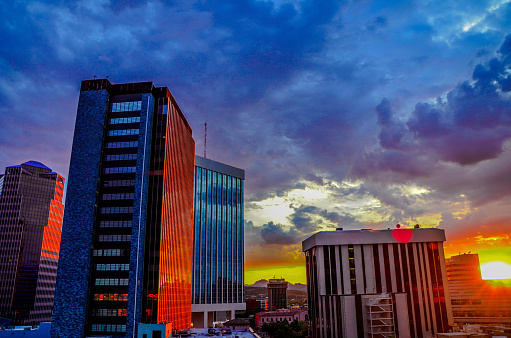 Sunset in downtown Tucson, Arizona on a cloudy day