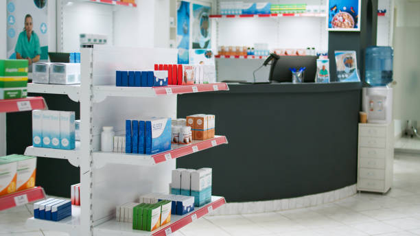 istock Empty pharmaceutical retail store filled with medicaments and vitamins on shelves 1434920007