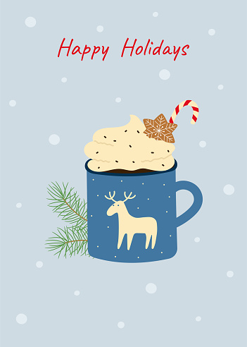 Hand drawn mug of hot chocolate with whipped cream, candy cane, gingerbread cookie and pine twigs. Vector illustration
