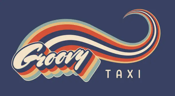 Vector illustration of Retro inscription Groovy Taxi on a dark background with a retro rainbow wavy