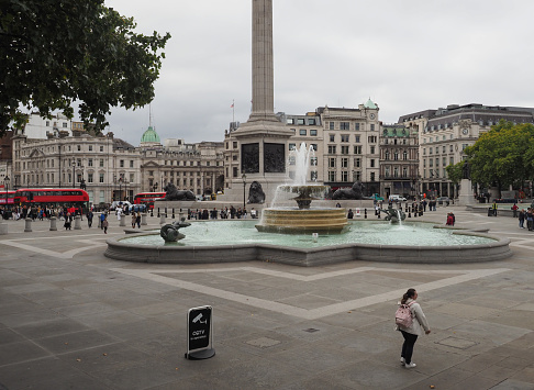 London, UK - Circa October 2022: Trafalgar Square with Nelson column and fountains
