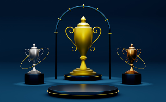 Golden champion cup or trophies and podium with geometric shapes in blue composition for modern stage display and minimalist mockup ,abstract showcase background ,Concept 3d illustration or 3d render