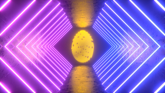 3d rendering of fingerprint in neon lighting tunnel cyber security data protection background.