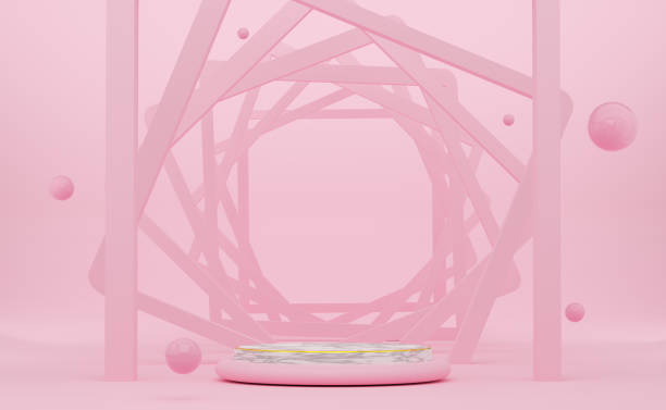 istock podium empty with geometric shapes in pink pastel composition for modern stage display and minimalist mockup ,abstract showcase background ,Concept 3d illustration or 3d render 1434923770