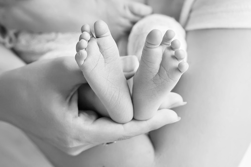 Baby feet in mother hands. Tiny Newborn Baby's feet on female Shaped hands closeup. Mom and her Child. Happy Family concept. Beautiful conceptual image of Maternity.  Black and white image