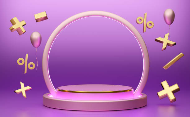 istock Podium empty with geometric shapes  in purple or violet composition for modern stage display and minimalist mockup ,abstract showcase background ,Concept Cost calculation, 3d illustration or 3d render 1434925636
