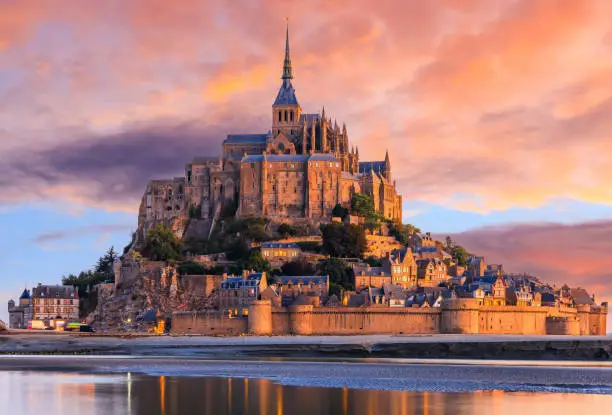Mont Saint-Michel. View from the southeast during sunrise. Normandy, France.