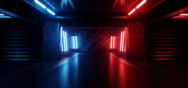 istock Underground Neon Cyber Sci Fi Futuristic Rock Wall Cement Concrete Basement Nuclear Bunker Parking Showroom Grunge Car Metal Door Corridor 3D Rendering 1434925800