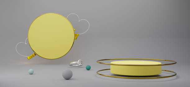 istock Podium empty with yellow heart shapes in gray composition for modern stage display and minimalist mockup ,valentine's day background ,Concept 3d illustration or 3d render 1434926574