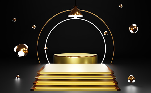 Gold podium empty and stair with geometric shapes in black composition for modern stage display and minimalist mockup ,abstract showcase background ,Concept 3d illustration or 3d render