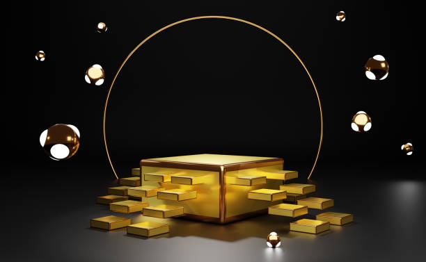 istock Gold podium empty and stair with geometric shapes in black composition for modern stage display and minimalist mockup ,abstract showcase background ,Concept 3d illustration or 3d render 1434927852