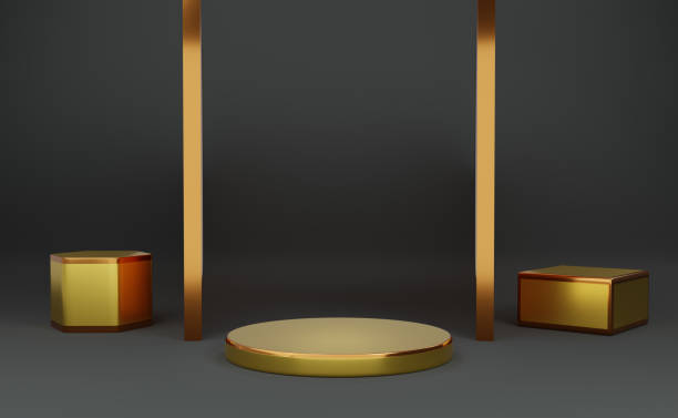istock Gold podium empty with geometric shapes in Gray composition for modern stage display and minimalist mockup ,abstract showcase background ,Concept 3d illustration or 3d render 1434929449