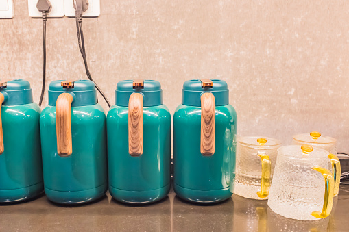 Preparation area for teapots and thermos in restaurant