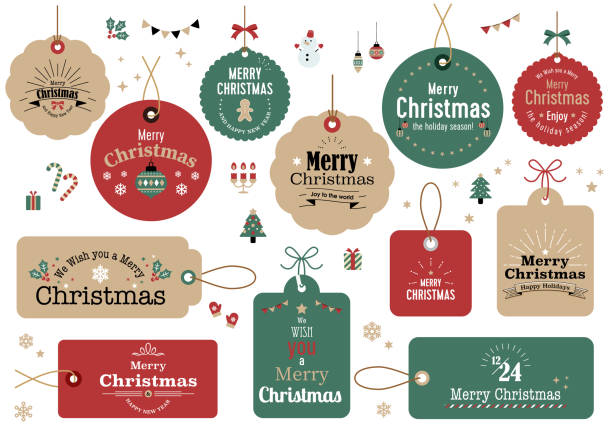 christmas illustration icon card setprint - yeni yıl hediyesi stock illustrations