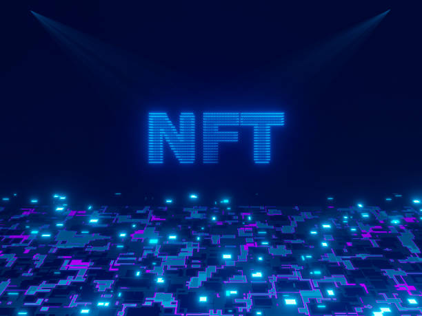 istock NFT text with hologram effect light blue color on sci fi background. Non fungible token concept. Metaverse vr world. 3D rendering illustration. 1434931875