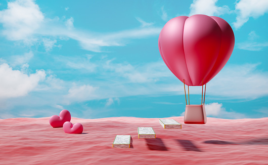 Hot air balloon and stair marble with heart shaped and surreal red ocean landscape in blue sky for Valentine's Day background in pink pastel composition ,3d illustration or 3d render ,copy space