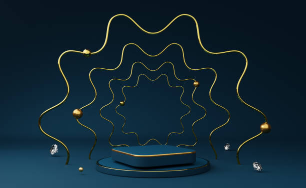 istock podium empty with geometric shapes in blue composition for modern stage display and minimalist mockup ,abstract showcase background ,Concept 3d illustration or 3d render 1434932340