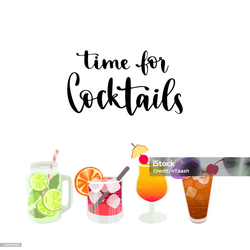 Cocktials Lettering Time For Cocktails Handwritten Lettering Quote And Hand Drawn Glasses ...