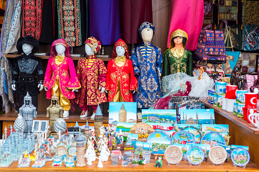 Istanbul, Turkey - May 3, 2018: Old traditional Turkish costums at touristic gift bazaar in Istanbul, Turkey.