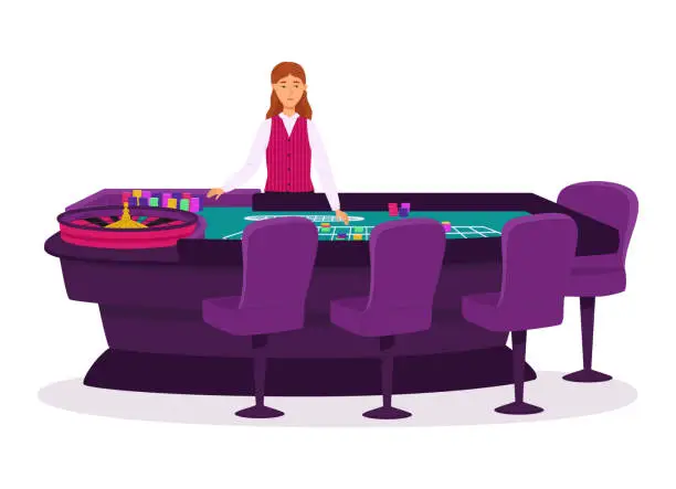 Vector illustration of Croupier in a casino at a roulette table vector illustration. People characters flat illustration. For design casino web sites.