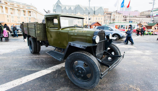 Soviet truck GAZ AA "Polutorka" at an exhibition of military equipment. stock photo