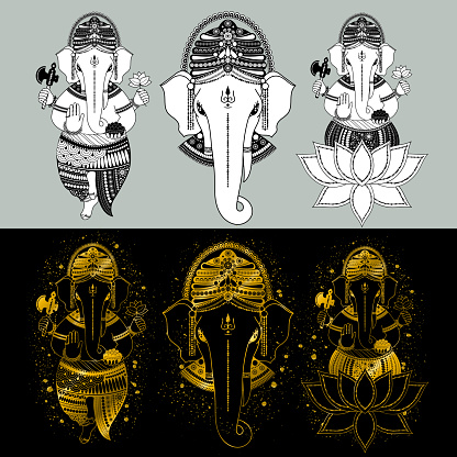 Set of images of Ganesha, or Ganapati, Indian deity, in lotus, head and in full growth, vector illustration in golden outline and black and white