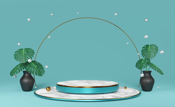 istock podium marble empty with leaf monstera in blue composition for modern stage display and minimalist mockup ,abstract showcase background ,Concept 3d illustration or 3d rendering 1434935383