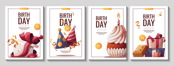 컵케이크, 선물, 모자, 색종이가 있는 생일 프로모션 전단지 세트. - backgrounds greeting card bow anniversary stock illustrations