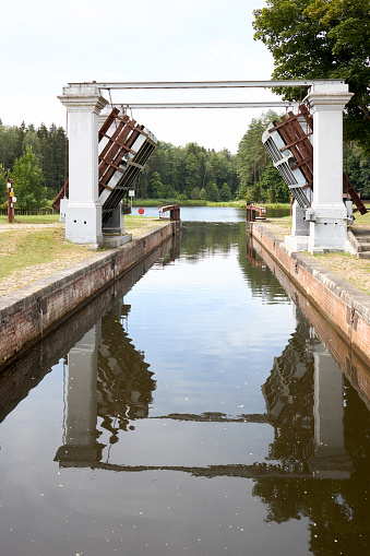 Grodno - August 2021: Augustow Canal, Avgustovski channel or Kanal Augustowski uniting Vistula Neman rivers protected by UNESCO in Chertok Dombrovka Hrodna Grodno, visafree region Belarus in Europe.