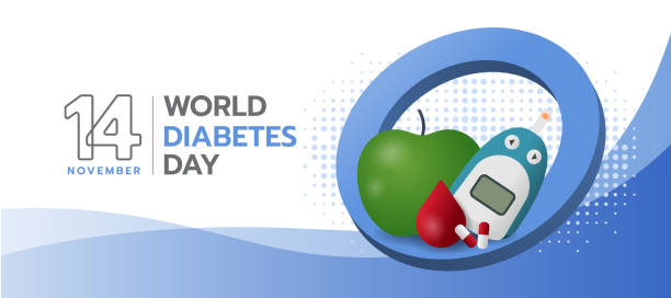 hari diabetes sedunia - glukosa menguji apel tetes darah dan dan obat pada desain vektor cincin lingkaran biru - asian blood sugar test ilustrasi stok