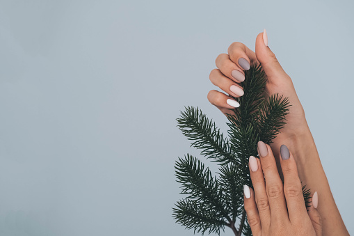 Women is hand with a beautiful matte oval manicure. Female hands are holding a New Year is a spruce branch. Varnish beige nails with gel polish, shellac. Copy space. Christmas manicure.