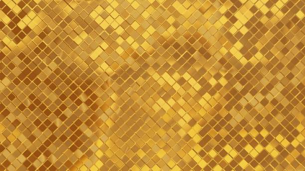 istock 3d golden glitter mosaic texture. Shine metal yellow background. Decorative pattern design with square shape 1434943190