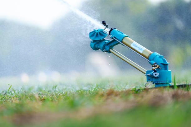 automatic watering of the football soccer field at a sports stadium. watering natural lawn grass - today's football fixtures 個照片及圖片檔