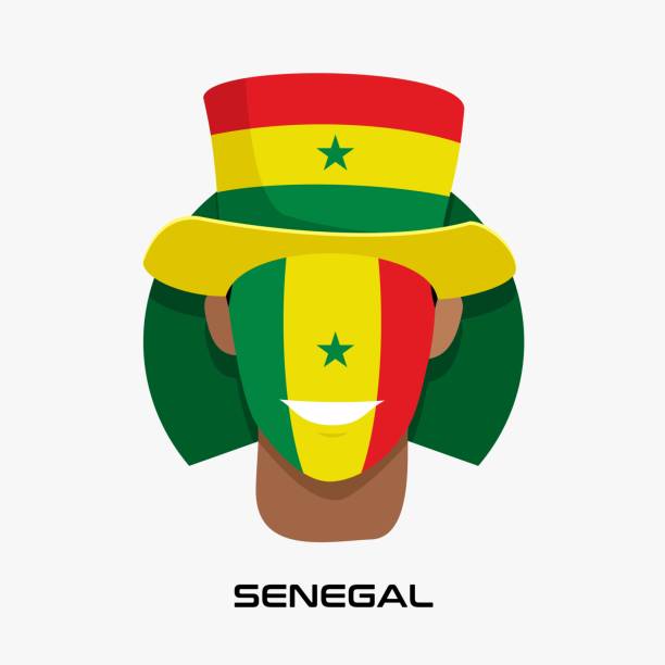 vector design illustration of collection of football fans smile faces with senegal flag on caps. - england senegal stock illustrations