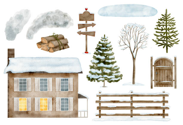 Watercolor winter house set. Christmas landscape. Hand drawn cottage building, chimney smoke, wooden fence, gates, bare tree, snowy fir trees and snowdrift illustrations isolated on white background. Watercolor winter house set. Christmas landscape. Hand drawn cottage building, chimney smoke, wooden fence, gates, bare tree, snowy fir trees and snowdrift illustrations isolated on white background snowdrift stock illustrations