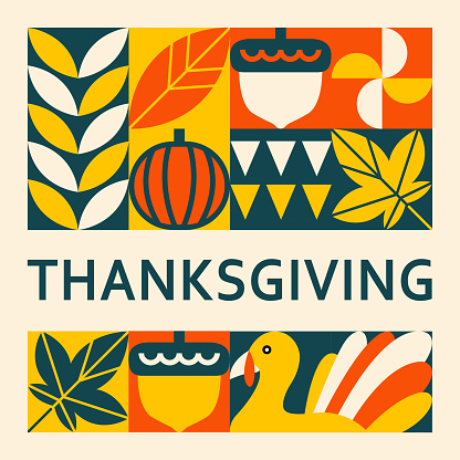 The icon set for the celebration of Thanksgiving with wheat, leaf, pumpkin, bunting, acorn, maple leaves and turkey
