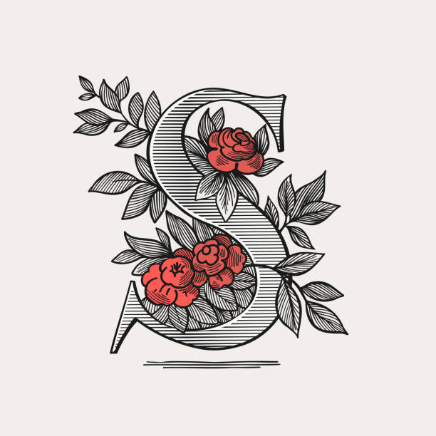 ilustrações, clipart, desenhos animados e ícones de s logotipo de letras com rosas e folhas em estilo gótico medieval. ícone da tampa de gota de gravura. - mushroom edible mushroom red botany