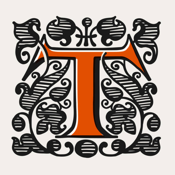 illustrazioni stock, clip art, cartoni animati e icone di tendenza di logo a t in stile gotico medievale. incisione icona capolettera. - letter t letter a ornate alphabet