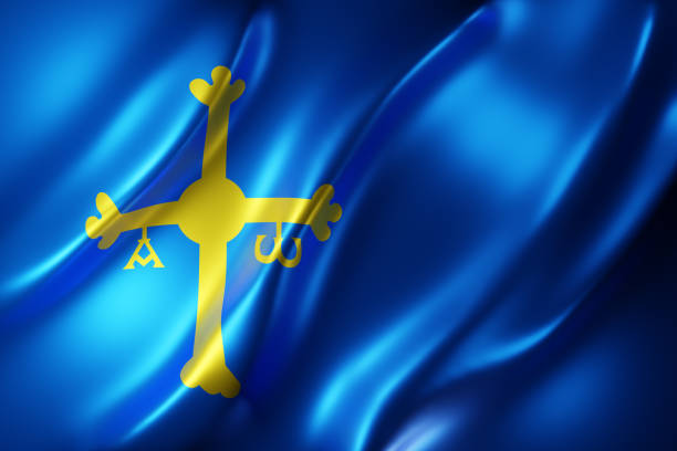 3d rendering of a silked Asturias Spanish Community flag