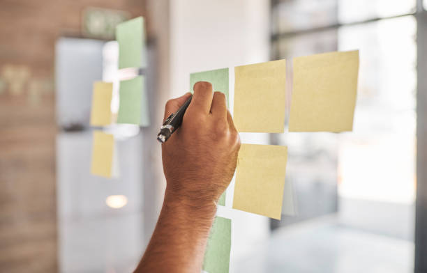 istock Sticky notes, hand planning and business writing of an office employee working on a content schedule. Strategy, marketing moodboard and advertising calendar plan of a man worker busy with notes work 1434951133