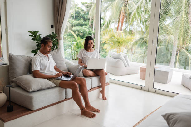 istock Couple is working remotely on their travel 1434952330
