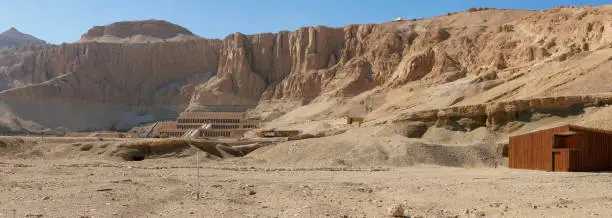 Panoramic view of the temple of Queen Hatshepsut in the mountains of Egypt. Luxor, Egypt.