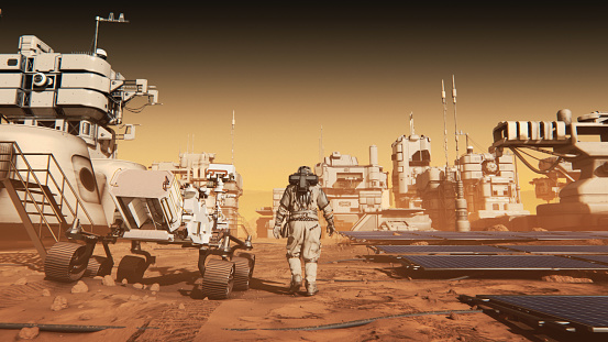 NASA Mars Discovery Rover viajando a través de la superficie de Marte. Colonización espacial del planeta Marte. Mars rover y estación espacial. Colonia y Base de Marte, Mars Rover. Planeta rojo alienígena cubierto de rocas. photo