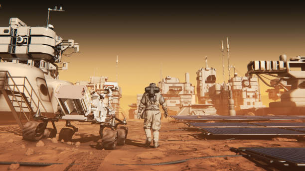nasa 화성 디스커버리 로버가 화성 표면을 가로질러 여행하고 있습니다. 행성 화성의 우주 식민지화. 화성 탐사선과 우주 정거장. 화성 식민지 및 기지, 화성 탐사선. 바위로 덮인 외계인 붉은 행� - colony 뉴스 사진 이미지
