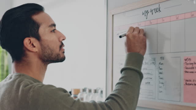 Planning, calendar and businessman whiteboard writing schedule for time management strategy. Entrepreneur, project manager or remote worke manager with creative week list, scrum or priority planner
