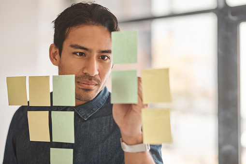Businessman, sticky notes and work schedule for project planning, brainstorming and management at the office. Asian man working on company plan, strategy and organize tasks in post it at workplace