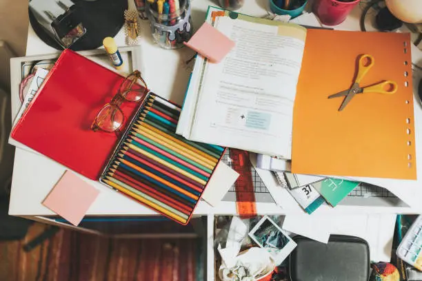 Photo of untidy desk of school child