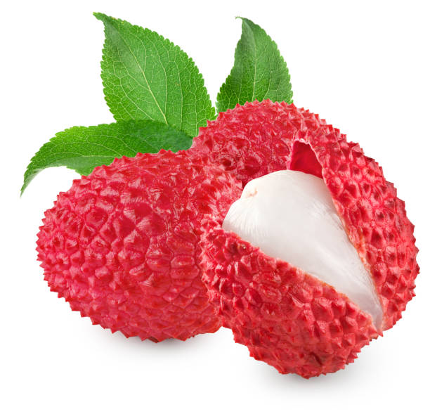 istock Fresh lychee with leaves isolated on white background. clipping path 1434957456