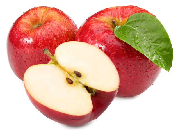 istock red apples with green leaves  isolated on white background. clipping path 1434957503
